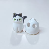 Image 1 of Black And White Kitty With Ghost Mask Ceramic Figurine 1 