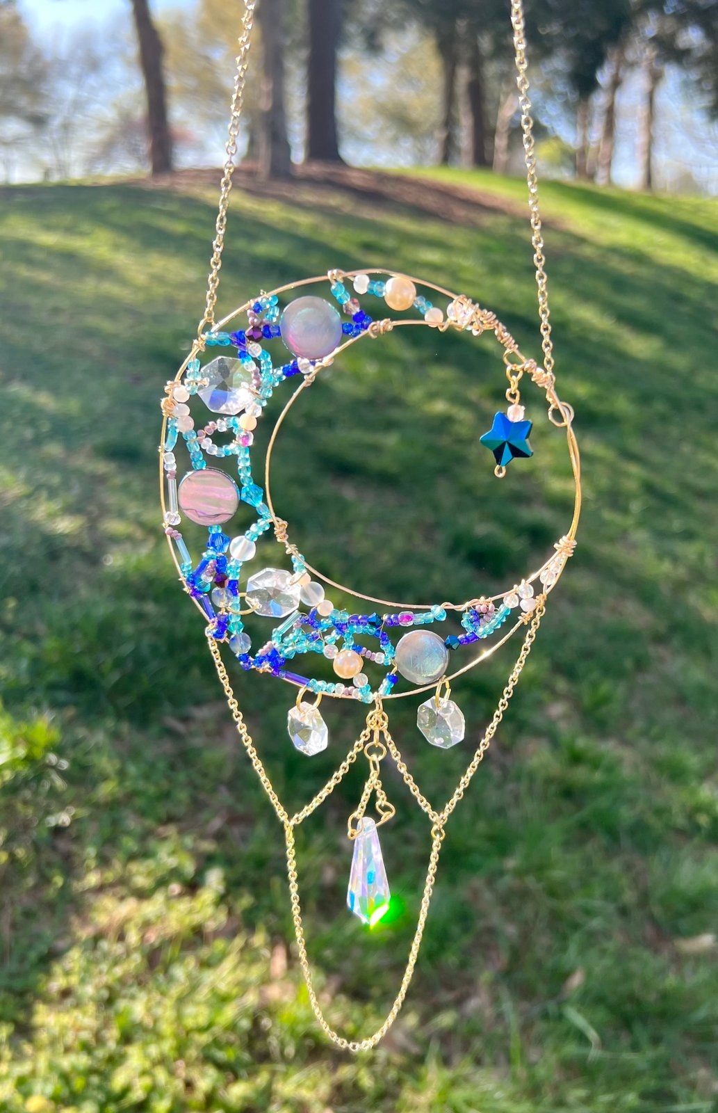 New Beginnings, Crescent Moon Sun catcher hot with Prehnite and Faceted Glass Beads 14 inches