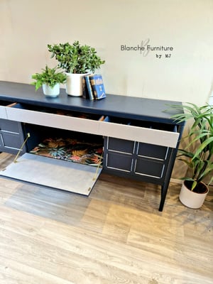 Image of Large Mid Century Nathan Sideboard in Navy Blue with Silver drawers and silver ledged squares