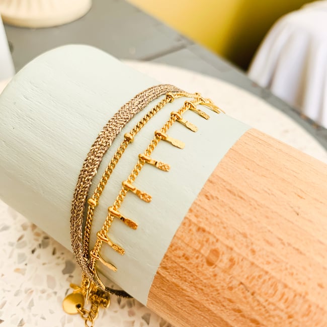 MIDNIGHT | Bracelet cordon irisé & chaînes acier inoxydable doré