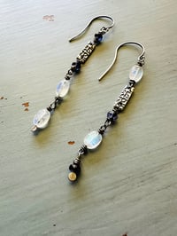 Image 3 of asymmetrical iolite and rainbow moonstone dangle earrings