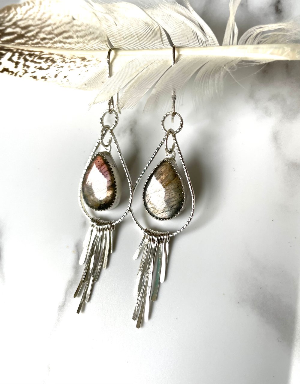 Handmade Sterling Silver Dangly Tassel Labradorite Earrings 925