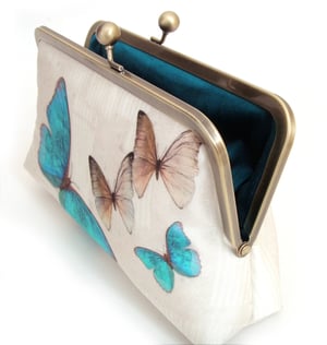 Image of Blue butterflies, silk clutch bag with optional chain handle