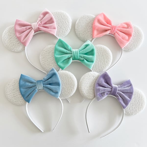 Image of White Mouse Ears with 5” Pastel Velvet Bow