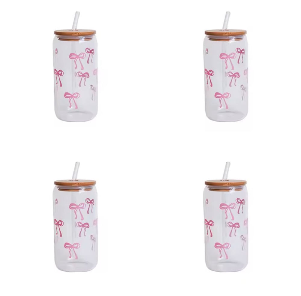 Image of 1/2/4/6Pcs Glass Bow Printed Glass Cup with Lid and Straw, Exquisite High-End Bow Glass Cup 