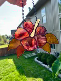Image 3 of Sunset Hibiscus Stained-Glass Suncatcher - Red & Orange Tropical Flower Window Hanging
