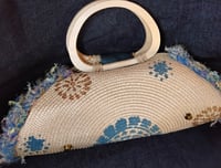 Image 2 of Recycled placemmat handbag with blue leather