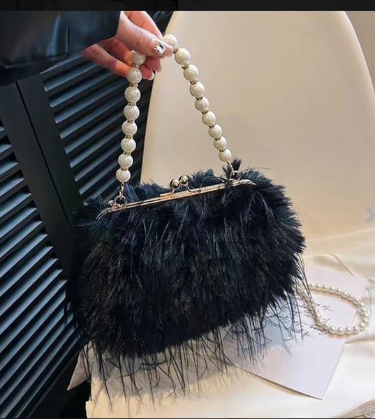 Image of Faux Fluffy Feather Fur Embellished Handbag With Pearl Strap