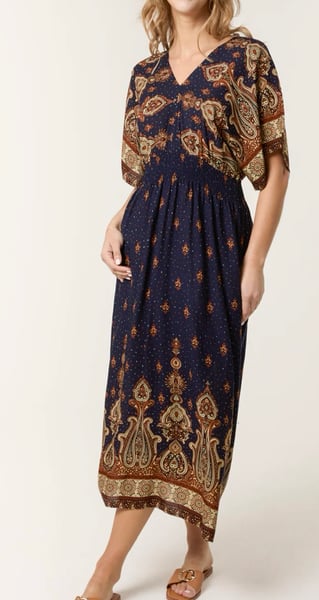 Image of PRINTED SHIRRED WAIST MIDI DRESS