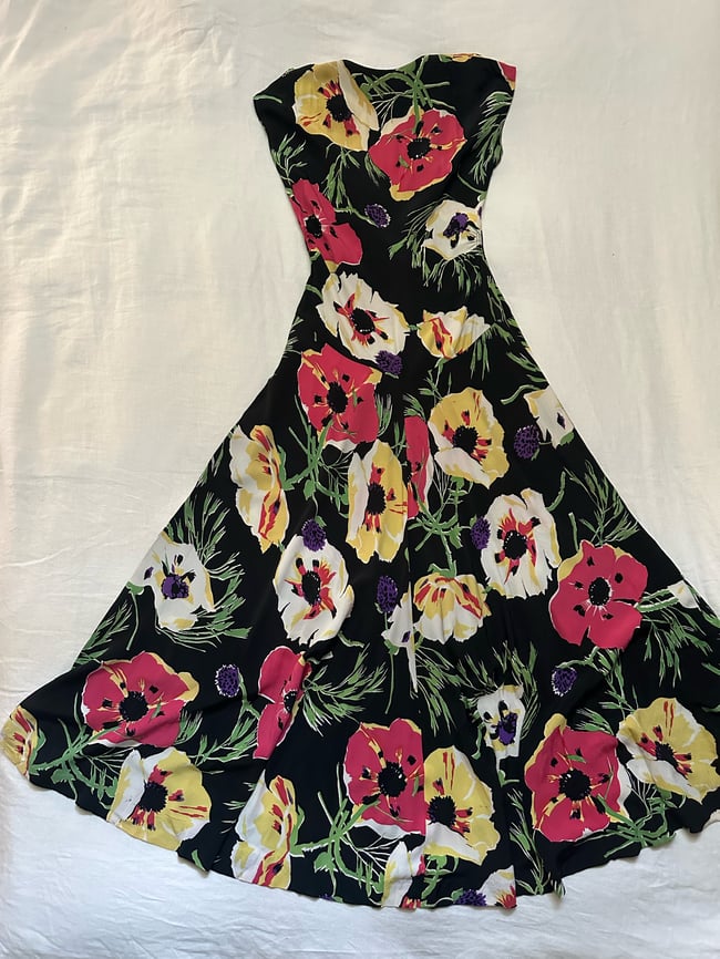 1930s poppy dress maxi cold rayon silk