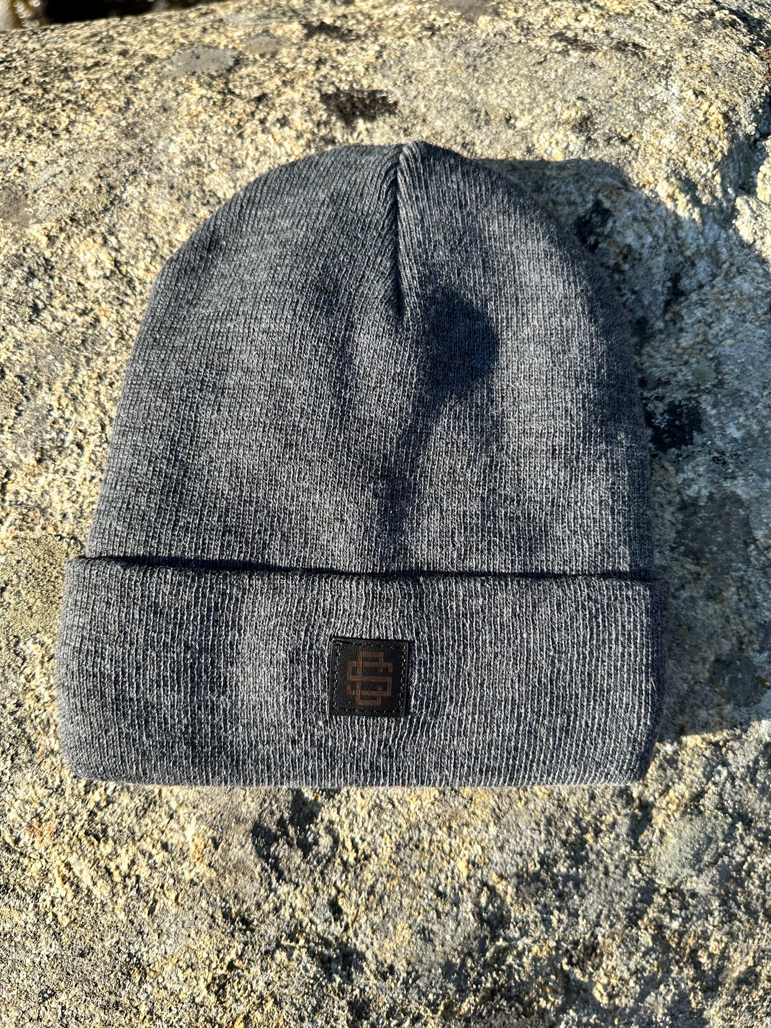 Gray Fleece-Lined Beanie with Black Leather patch