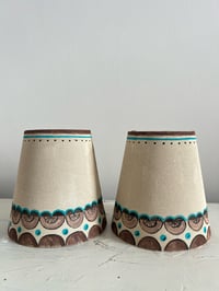 Image 1 of "The Edmund Brothers" - Matching Pair of Hand Painted Linen Lampshades, Candle-clip