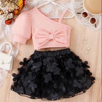 Image 2 of Girl's 2pc Set Bow Crop Top + Butterfly Tulle Skirt 