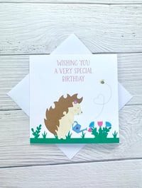 Image 1 of Handmade Hedgehog Watering Flowers Birthday Card - Cute Animal Card for Garden Lovers 