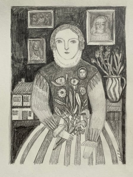 Image of woman in interior with flowers and dolls house - original drawing