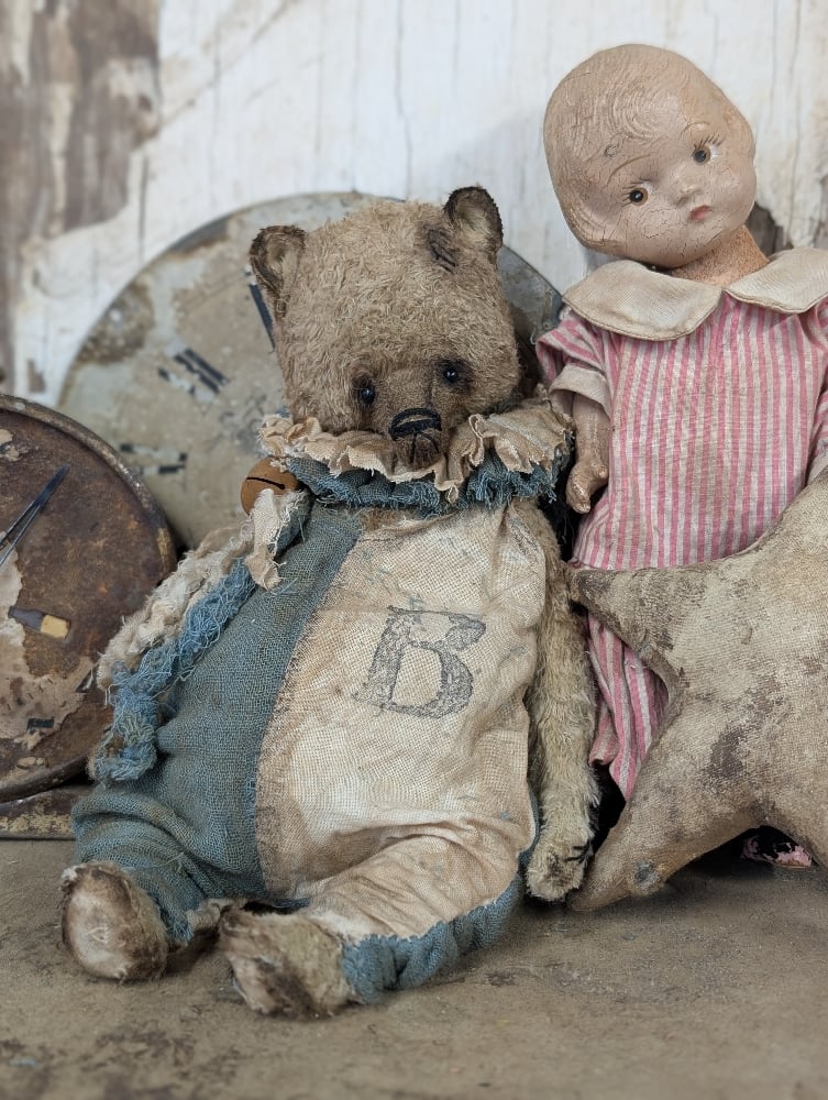 Image of  9" -Vintage Old Primitive Teddy Bear in romper  by Whendi's Bears