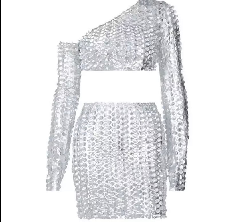 Image of Silver see-through two-piece skirt set 