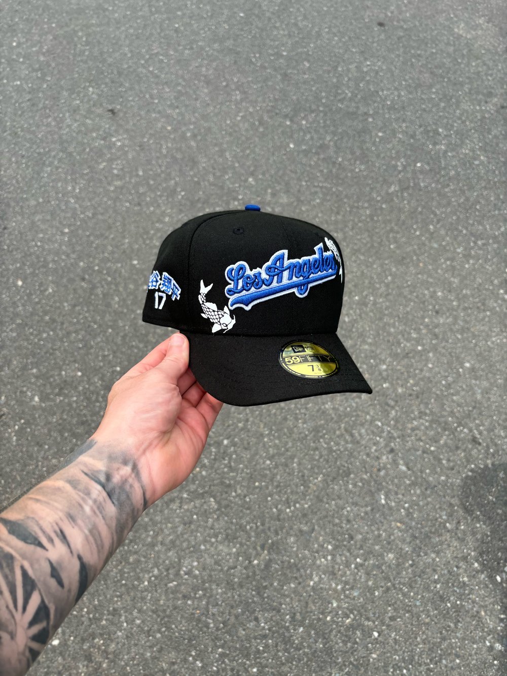 Image of YIN YANG KOI BLACK  SHOHEI OHTANI LOS ANGELES DODGERS CUSTOM FITTED CAP