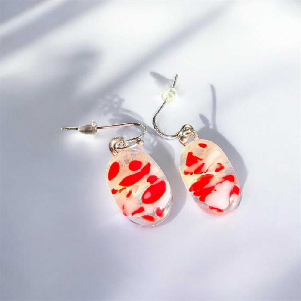 Image of Red and pink floating dots fused glass drop earrings