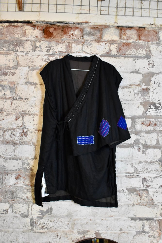 Image of Wrap-around Sashiko stitched Long Gilet 