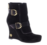 Image 1 of House Of Harlow black suede gold buckle wedge booties