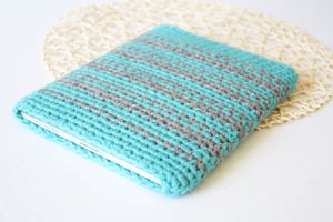 Image of iPad sleeve - handmade crochet iPad cover - striped ocean blue and grey