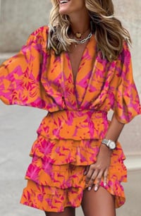 Image 1 of Multicolor Floral Print Ruched V Neck  Mini Dress