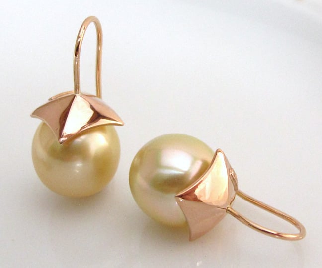 Image of Yellow South Sea Pearl Earrings Pyramid 18k Rose Gold