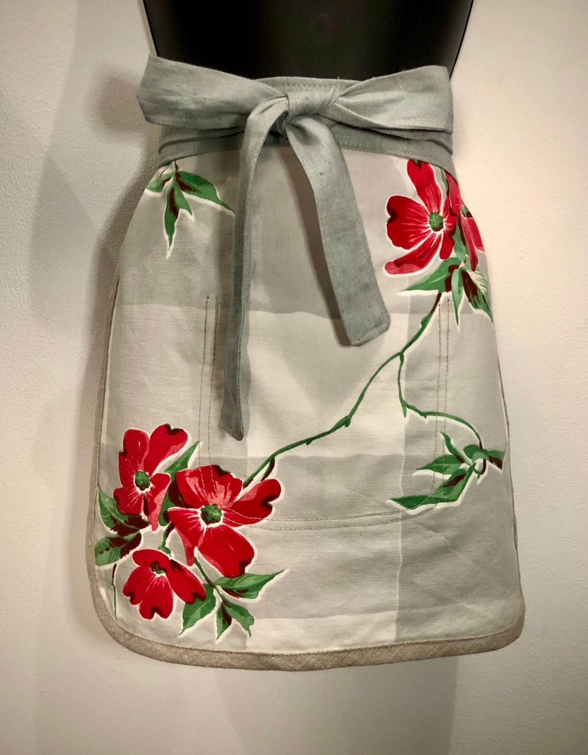 Happy Host Apron | Vintage Couture | Handmade Vintage Floral Grey Check Cotton Print European Linen