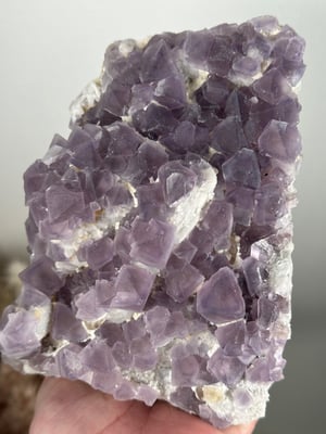 SELF STANDING OCTAHEDRAL PURPLE FLUORITE ON CANDLE QURTZ -CHINA- A