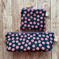 Image 1 of “Navy & Pink Smileys” Small OR Mini Quilted Zipper Bag