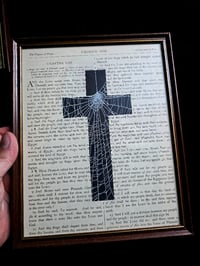 Image 1 of " 2 way Crucifix" 1800's bible page with preserved spider web 2