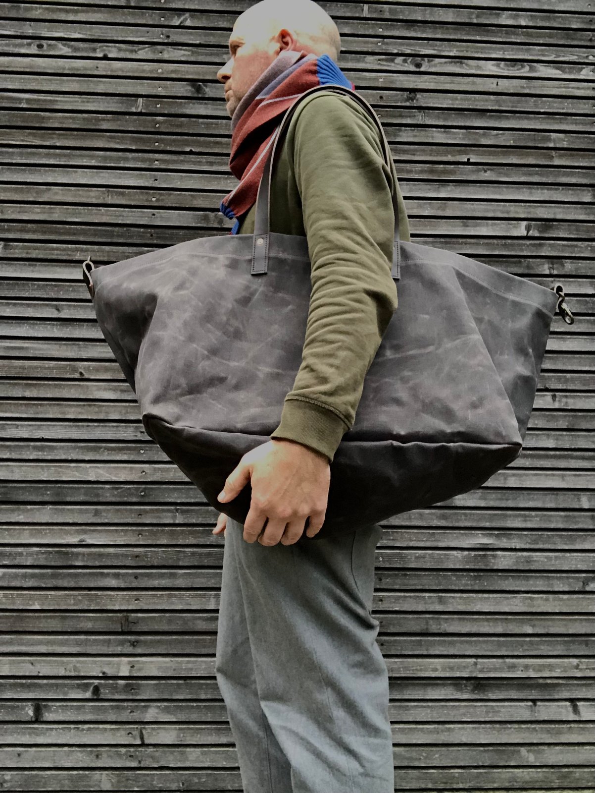 Large waxed canvas tote bag with leather handles / carry all bag COLLECTION  UNIS