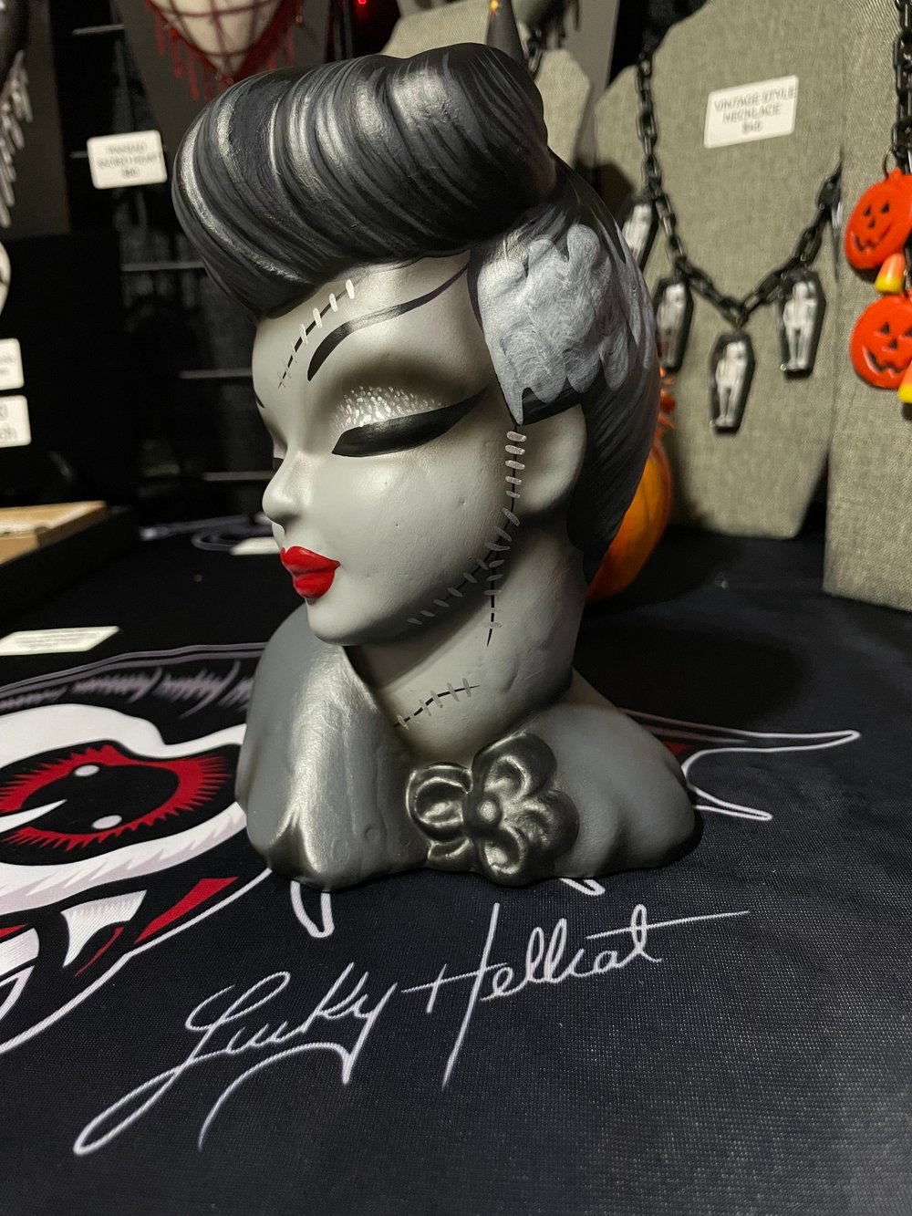 Vintage Revamped Up Do Gray Bride Of Frankenstein Head Vase