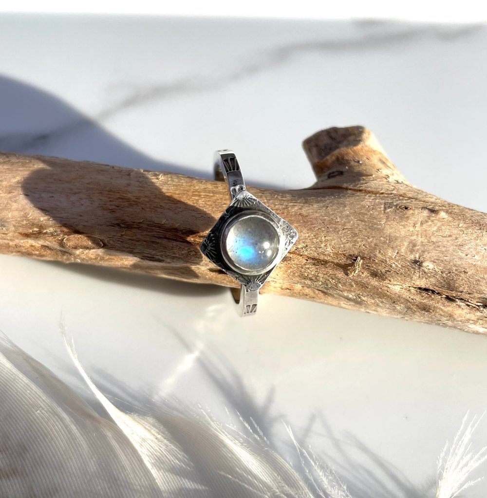 Image of Handmade Sterling Silver Blue Labradorite Stamped Dainty Ring 