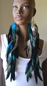 Image of Very Long Turquoise, Grizzly and Black Feather Earrings