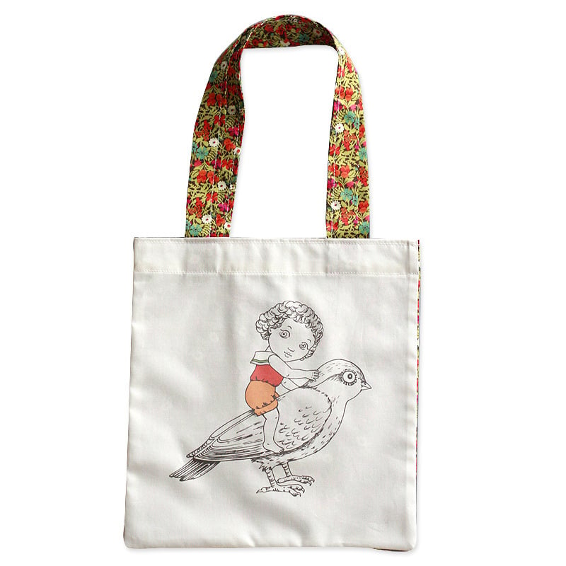 Image of Sac en coton Fille et oiseau 2