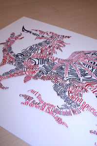 Image of Typography Welsh Dragon - A3 PRINT - Made Up Of Every Welsh Town Name