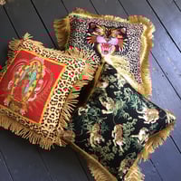 Image 9 of Leopard print fabric and red virgin of Guadalupe cushion cover with gold fringe or black fringe
