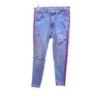 Image 1 of Zara distressed tapered jeans with black, white, and red shimmer side stripe