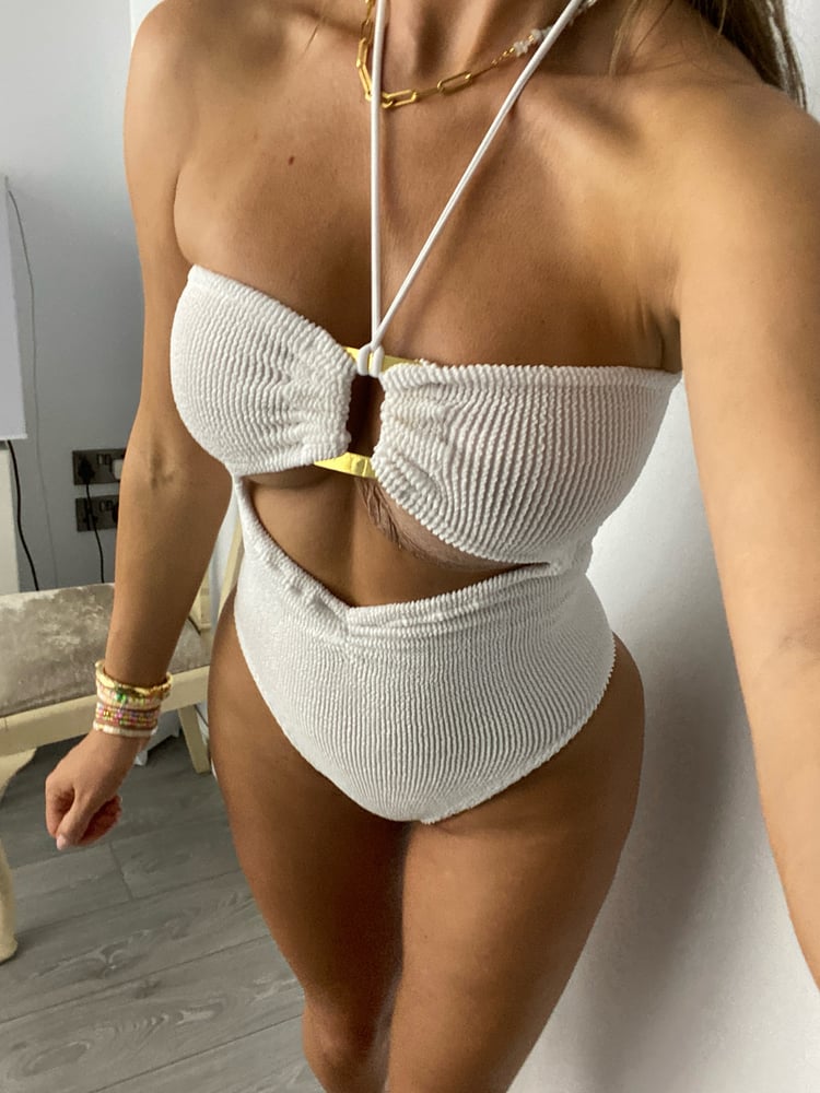 Image of Cut Out Gold Buckle Halter Onepiece In White