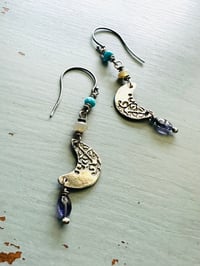 Image 6 of sterling silver crescent moon earrings with opals and turquoise