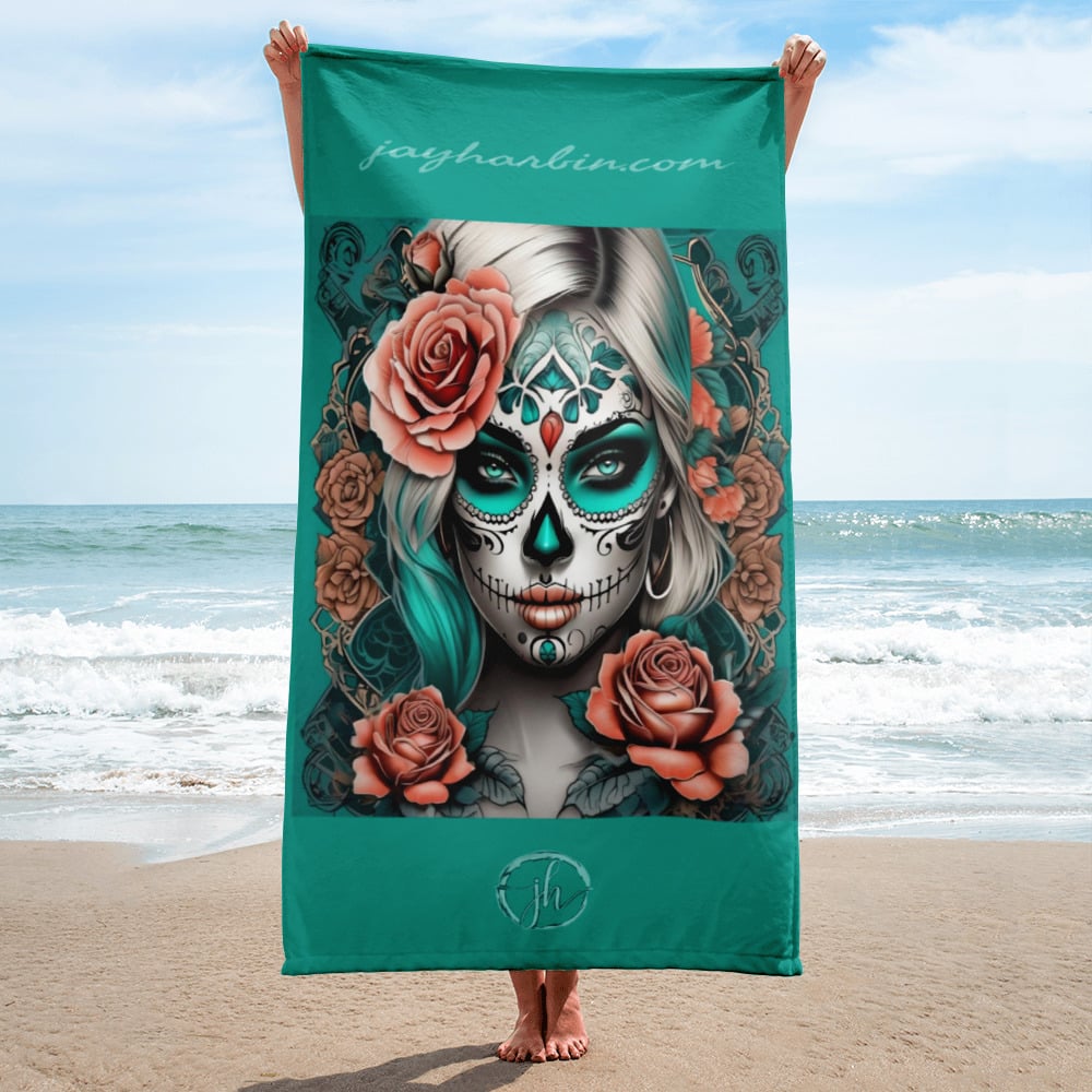 Towel Coral and Teal Sugar Skull