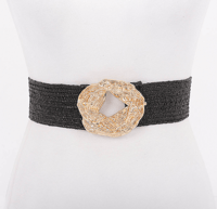 Black Metal Buckle Elastic Faux Straw Belt