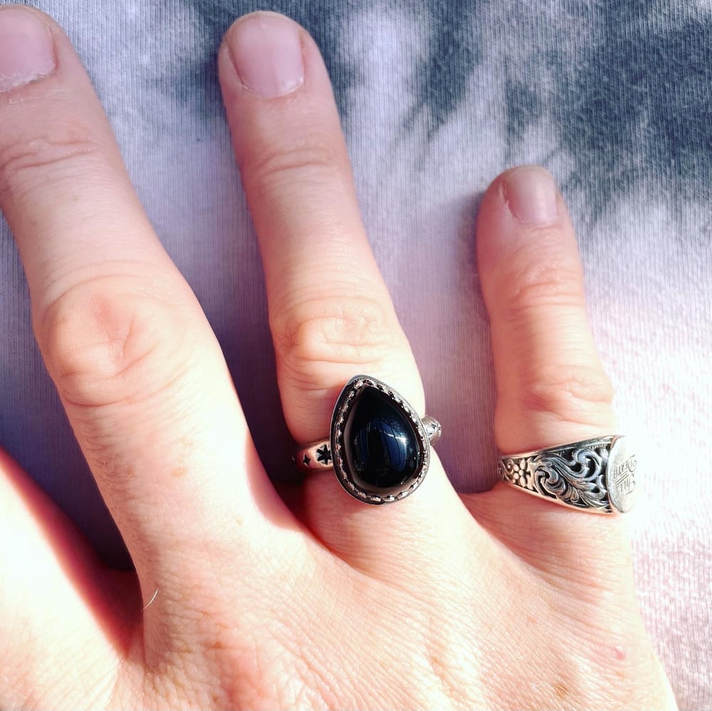 Sterling Silver Handmade Black Onyx Ring Celestial Stamping Stars And Moons