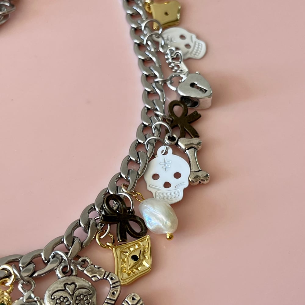 Image of One of a Kind Charm Necklace - Snake, Skulls, Pearls and Bows