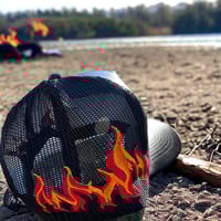 Image 3 of MNY PKT LEATHER  TRUCKER HAT// ORANGE FLAME