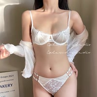 Image 3 of Sexy Hot Bra for Women Half Cup Ultra-thin Lace Large Breasts Show Small Chest Anti-sagging Bra Set 