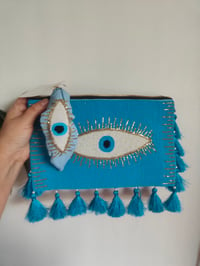 Image 1 of TURQUOISE all seeing evil eye beaded bag and headband