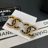 Image 4 of Black Leather Double Chanel Earrings with Pearls & Crystals